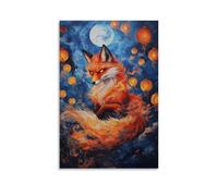 XMHMYHZJ Animal Oil Painting Mystic Nine-Tailed Fox Dances Beneath The Lantern-Lit Sky of An Eastern Festival Wall Art Mural Modern Decoration Hanging Art Poster 08x12inch(20x30cm)