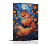 XMHMYHZJ Animal Oil Painting Mystic Nine-Tailed Fox Dances Beneath The Lantern-Lit Sky of An Eastern Festival Wall Art Mural Modern Decoration Hanging Art Poster 12x18inch(30x45cm)