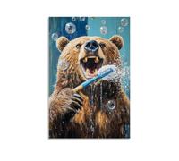 XMHMYHZJ Animal Oil Painting of A Bear Brushing Teeth So Hard That Bubbles Fill The Entire Bathroom. Wall Art Mural Modern Decoration Hanging Art Poster 20x30inch(50x75cm)