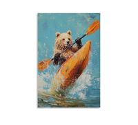 XMHMYHZJ Animal Oil Painting of A Bear Splashing Mid-kayak Flip, Paddle High in The Air, on A Plain Cerulean Background. Wall Art Mural Modern Decoration Hanging Art Poster 08x12inch(20x30cm)
