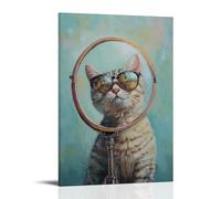 XMHMYHZJ Animal Oil Painting of A Cat Checking Out Sunglasses in The Mirror, Making Sassy Faces Under A Soft Mint Sky. Wall Art Mural Modern Decoration Hanging Art Poster 20x30inch(50x75cm)