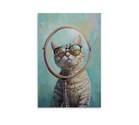 XMHMYHZJ Animal Oil Painting of A Cat Checking Out Sunglasses in The Mirror, Making Sassy Faces Under A Soft Mint Sky. Wall Art Mural Modern Decoration Hanging Art Poster 16x24inch(40x60cm)