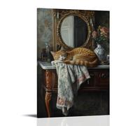 XMHMYHZJ Animal Oil Painting of A Cat Draped Elegantly Across A Vanity, Surveying Its Reflection with Sleepy Royalty. Wall Art Mural Modern Decoration Hanging Art Poster 16x24inch(40x60cm)