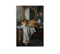 XMHMYHZJ Animal Oil Painting of A Cat Draped Elegantly Across A Vanity, Surveying Its Reflection with Sleepy Royalty. Wall Art Mural Modern Decoration Hanging Art Poster 24x36inch(60x90cm)