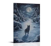 XMHMYHZJ Animal Oil Painting of A Cat Ice Skating in Circles on A Moonlit Frozen River. Wall Art Mural Modern Decoration Hanging Art Poster 20x30inch(50x75cm)