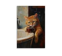 XMHMYHZJ Animal Oil Painting of A Cat Leaning Coolly Against A Sink, Holding A Tiny Mug of Dark Roast Coffee. Wall Art Mural Modern Decoration Hanging Art Poster 20x30inch(50x75cm)
