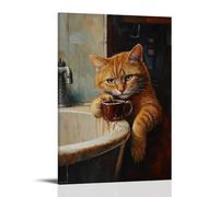 XMHMYHZJ Animal Oil Painting of A Cat Leaning Coolly Against A Sink, Holding A Tiny Mug of Dark Roast Coffee. Wall Art Mural Modern Decoration Hanging Art Poster 16x24inch(40x60cm)