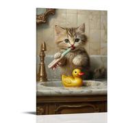 XMHMYHZJ Animal Oil Painting of A Cat Playfully Using A Giant Toothbrush to Scrub A Rubber Duck in A Marble Sink. Wall Art Mural Modern Decoration Hanging Art Poster 08x12inch(20x30cm)