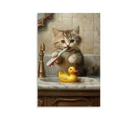 XMHMYHZJ Animal Oil Painting of A Cat Playfully Using A Giant Toothbrush to Scrub A Rubber Duck in A Marble Sink. Wall Art Mural Modern Decoration Hanging Art Poster 24x36inch(60x90cm)