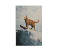 XMHMYHZJ Animal Oil Painting of A Cat Standing Proud on A Surfboard Mid-wave, Blue-gray Minimalist Backdrop. Wall Art Mural Modern Decoration Hanging Art Poster 24x36inch(60x90cm)