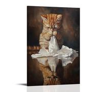 XMHMYHZJ Animal Oil Painting of A Cat Tangling Its Tail in Paper Towels While Checking Its Reflection Dramatically. Wall Art Mural Modern Decoration Hanging Art Poster 16x24inch(40x60cm)
