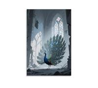 XMHMYHZJ Animal Poster, A Peacock Spreads Its Tail in A Ruined Church, Tail Feathers Reflecting Stained Glass Wall Art Mural Modern Decoration Hanging Art Poster 16x24inch(40x60cm)