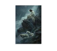 XMHMYHZJ Atop A Rocky Cliff, Jesus Watches over A Resting Lamb While Two Wolves Crawl Up from The Fog Below. Wall Art Mural Modern Decoration Hanging Art Poster 20x30inch(50x75cm)