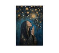 XMHMYHZJ Beneath A Glowing Night Sky, Mary Lifts Her Eyes in Prayer As Stars Descend Like Blessings upon The Earth. Wall Art Mural Modern Decoration Hanging Art Poster 24x36inch(60x90cm)