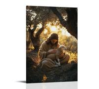 XMHMYHZJ Beneath The Olive Trees, Jesus Cradles A Trembling Lamb As Golden Dawn Light Pierces The Ancient Branches. Wall Art Mural Modern Decoration Hanging Art Poster 12x18inch(30x45cm)