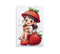 XMHMYHZJ Cartoon Character Poster for Valentine Day with A Little Girl Sitting on Top of Strawberries Wall Art Mural Modern Decoration Hanging Art Poster 24x36inch(60x90cm)