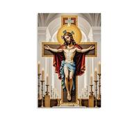 XMHMYHZJ Christian Poster Featuring Jesus And Candles at A Church Altar with Painted Cross on Wall Art Mural Modern Decoration Hanging Art Poster 20x30inch(50x75cm)