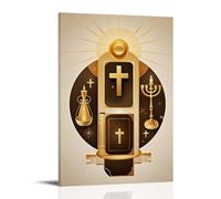 XMHMYHZJ Christian Poster Gold Colored Design with Symbols of Candles, A Candelab Wall Art Mural Modern Decoration Hanging Art Poster 08x12inch(20x30cm)