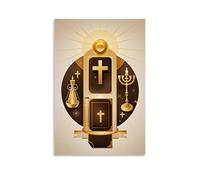 XMHMYHZJ Christian Poster Gold Colored Design with Symbols of Candles, A Candelab Wall Art Mural Modern Decoration Hanging Art Poster 20x30inch(50x75cm)