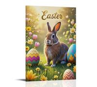 XMHMYHZJ Easter Poster Featuring A Bunny And Various Eggs with A Green Field Background Wall Art Mural Modern Decoration Hanging Art Poster 20x30inch(50x75cm)