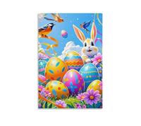 XMHMYHZJ Easter Poster Featuring A Bunny Surrounded by Many Decorative Eggs, Flowers And Birds Wall Art Mural Modern Decoration Hanging Art Poster 20x30inch(50x75cm)