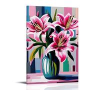 XMHMYHZJ Flowers Poster Featuring Pink Lily Bouquet with Green Leaves And Stripes Background Wall Art Mural Modern Decoration Hanging Art Poster 16x24inch(40x60cm)