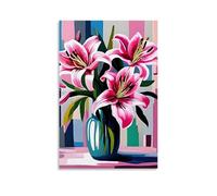 XMHMYHZJ Flowers Poster Featuring Pink Lily Bouquet with Green Leaves And Stripes Background Wall Art Mural Modern Decoration Hanging Art Poster 08x12inch(20x30cm)