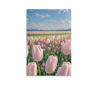 XMHMYHZJ Flowers Poster of Field Filled with Different Pink Tulips Under A Blue Wall Art Mural Modern Decoration Hanging Art Poster 24x36inch(60x90cm)