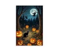 XMHMYHZJ Halloween Poster Featuring A Cat And Pumpkins Along An Alley with Moon, Creepy Castle over Trees Wall Art Mural Modern Decoration Hanging Art Poster 24x36inch(60x90cm)
