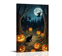 XMHMYHZJ Halloween Poster Featuring A Cat And Pumpkins Along An Alley with Moon, Creepy Castle over Trees Wall Art Mural Modern Decoration Hanging Art Poster 16x24inch(40x60cm)