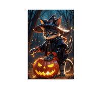 XMHMYHZJ Halloween Poster Featuring A Cat in Witch Outfit Pushing on Jack O ' Lantern Wall Art Mural Modern Decoration Hanging Art Poster 16x24inch(40x60cm)