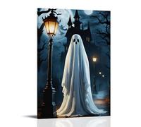 XMHMYHZJ Halloween Poster, Ghost in Front of A Spooky House with Lantern Wall Art Mural Modern Decoration Hanging Art Poster 24x36inch(60x90cm)