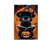 XMHMYHZJ Halloween Poster of A Black Cat in Witch Costume Sitting on The Ground with Wall Art Mural Modern Decoration Hanging Art Poster 16x24inch(40x60cm)