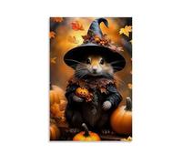 XMHMYHZJ Halloween Poster of An Adorable Cat in A Witch ' S Hat Holding Miniature Wall Art Mural Modern Decoration Hanging Art Poster 24x36inch(60x90cm)