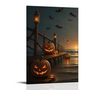 XMHMYHZJ Halloween Poster of Carved Pumpkins on A Wharf near The Water Wall Art Mural Modern Decoration Hanging Art Poster 12x18inch(30x45cm)