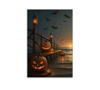 XMHMYHZJ Halloween Poster of Carved Pumpkins on A Wharf near The Water Wall Art Mural Modern Decoration Hanging Art Poster 24x36inch(60x90cm)