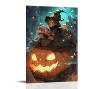 XMHMYHZJ Halloween Poster of Little Witch with Pumpkin at Night in The City Wall Art Mural Modern Decoration Hanging Art Poster 08x12inch(20x30cm)