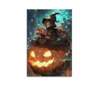 XMHMYHZJ Halloween Poster of Little Witch with Pumpkin at Night in The City Wall Art Mural Modern Decoration Hanging Art Poster 12x18inch(30x45cm)