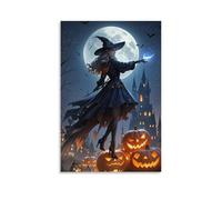 XMHMYHZJ Halloween Poster Witch on Pumpkins in A Field Lit by Lanterns Wall Art Mural Modern Decoration Hanging Art Poster 24x36inch(60x90cm)