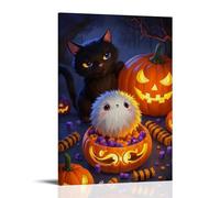 XMHMYHZJ Halloween Poster with A Cat And A Happy Little Kitten Sitting in Pumpkin Heads Wall Art Mural Modern Decoration Hanging Art Poster 24x36inch(60x90cm)
