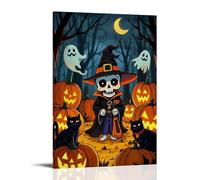 XMHMYHZJ Halloween Poster with A Little Skeleton Standing in The Woods Holding Pumpkins Wall Art Mural Modern Decoration Hanging Art Poster 20x30inch(50x75cm)