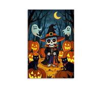 XMHMYHZJ Halloween Poster with A Little Skeleton Standing in The Woods Holding Pumpkins Wall Art Mural Modern Decoration Hanging Art Poster 16x24inch(40x60cm)