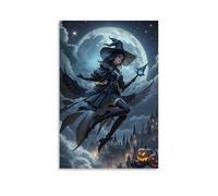 XMHMYHZJ Halloween Poster with An Artistic Cartoon Picture of A Witch Girl Flying through The Night Wall Art Mural Modern Decoration Hanging Art Poster 20x30inch(50x75cm)