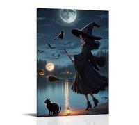 XMHMYHZJ Halloween Poster with Witch And Cat by The River by Moonlight Wall Art Mural Modern Decoration Hanging Art Poster 24x36inch(60x90cm)