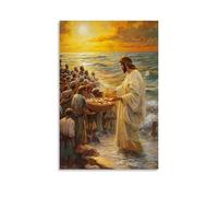 XMHMYHZJ Jesus Blessing Five Loaves And Two Fish Beside The Sea, As Crowds Gather Under Golden Skies with Hope in Their Hearts. Wall Art Mural Modern Decoration Hanging Art Poster 16x24inch(40x60cm)