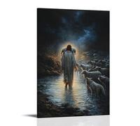 XMHMYHZJ Jesus Lifts The Lamb Onto His Shoulders And Steps Into A Glowing River As Wolves Gather on The Shore. Wall Art Mural Modern Decoration Hanging Art Poster 12x18inch(30x45cm)