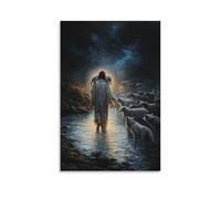 XMHMYHZJ Jesus Lifts The Lamb Onto His Shoulders And Steps Into A Glowing River As Wolves Gather on The Shore. Wall Art Mural Modern Decoration Hanging Art Poster 08x12inch(20x30cm)