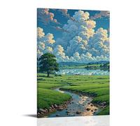 XMHMYHZJ Landscape Poster of A Stream Going through A Lush Green Hilly Meadow Under Cloudy Wall Art Mural Modern Decoration Hanging Art Poster 20x30inch(50x75cm)
