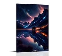 XMHMYHZJ Landscape Poster with A Beautiful Mountain And Star Lights Reflecting in The Water Wall Art Mural Modern Decoration Hanging Art Poster 12x18inch(30x45cm)