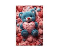 XMHMYHZJ Valentine ' S Day Teddy Bear Sitting on Pink Plate with Hearts Scattered Around Wall Art Mural Modern Decoration Hanging Art Poster 24x36inch(60x90cm)